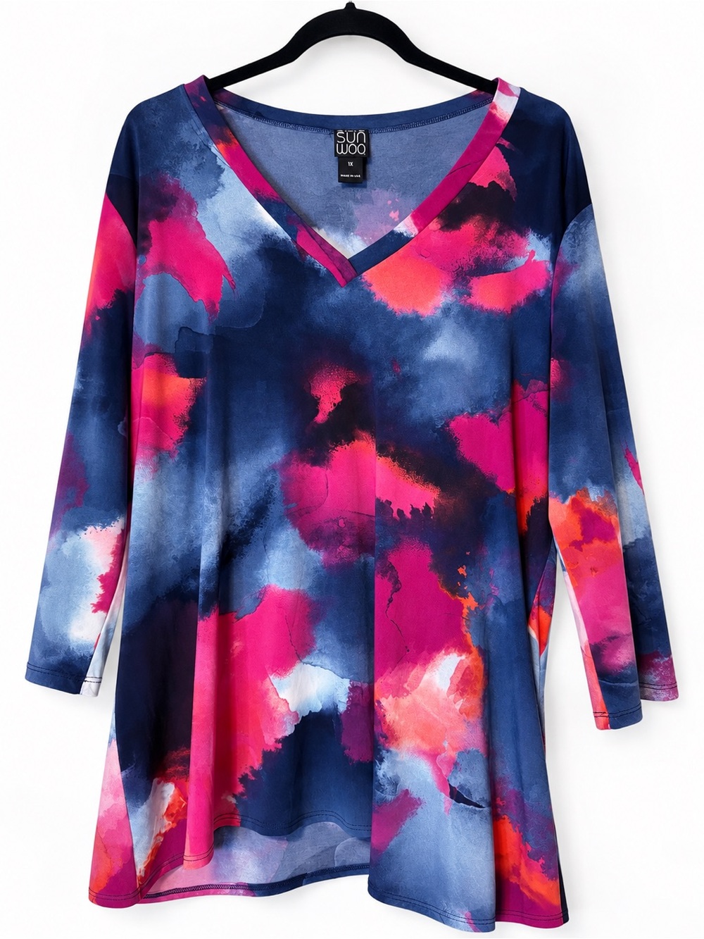 Clara Sun Woo Navy, Fuchsia & Coral Watercolor V-Neck Tunic